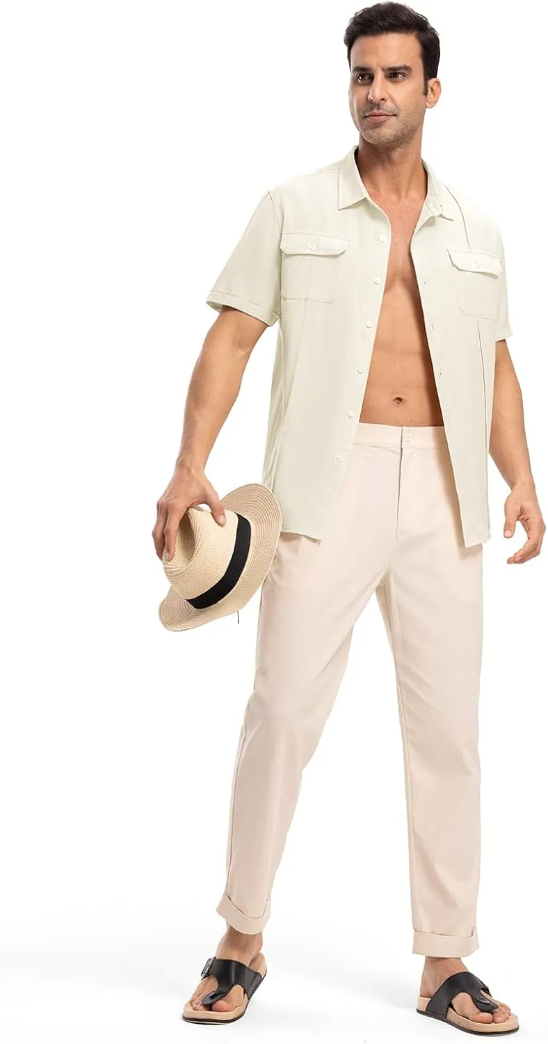 TBMPOY Mens Linen Button Down Shirts Short Sleeve Summer Beach Shirt Casual Hawaiian Dress Shirts for Men with Two Pockets
