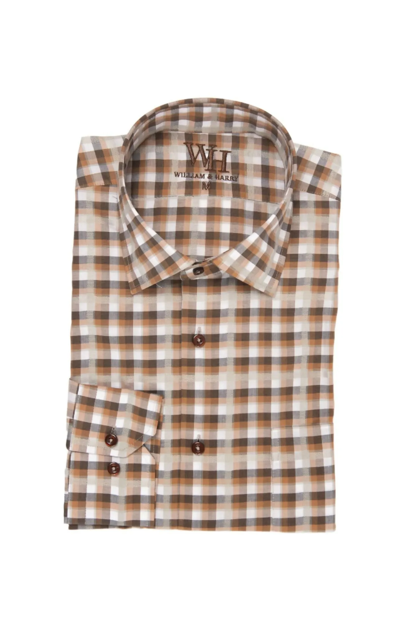 W&H Men's Long Sleeve Button Up Sports Shirts - Brown Gingham