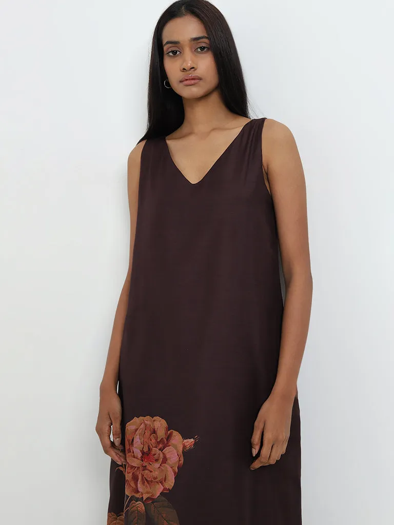 Wardrobe Brown Floral Printed A-Line Dress