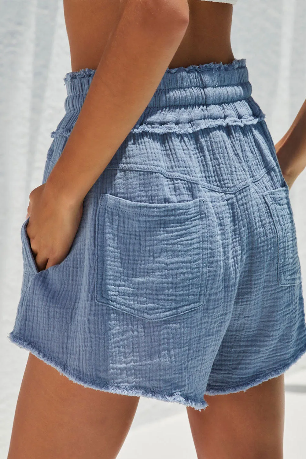 White Crinkled Raw Edge Casual Shorts