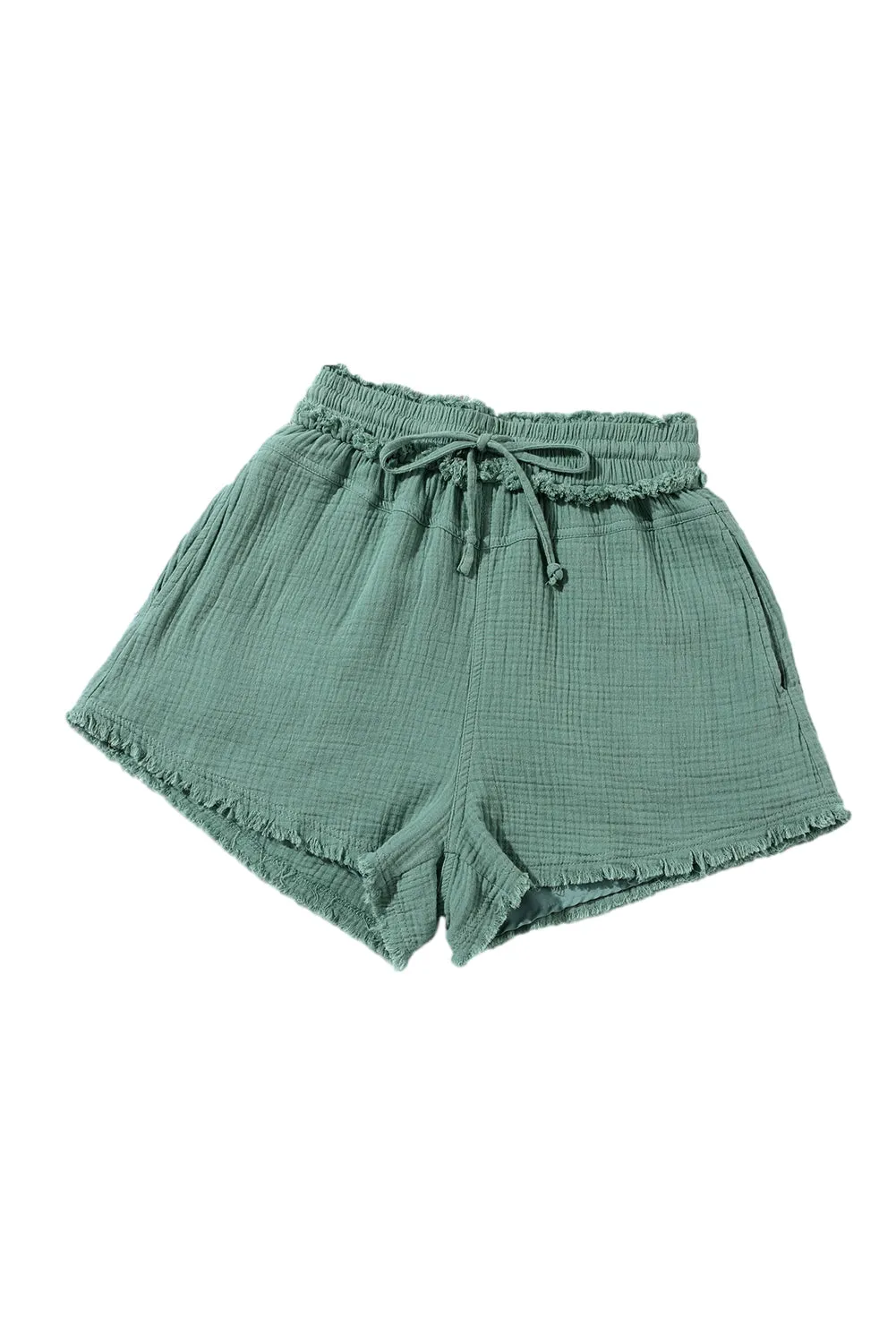 White Crinkled Raw Edge Casual Shorts