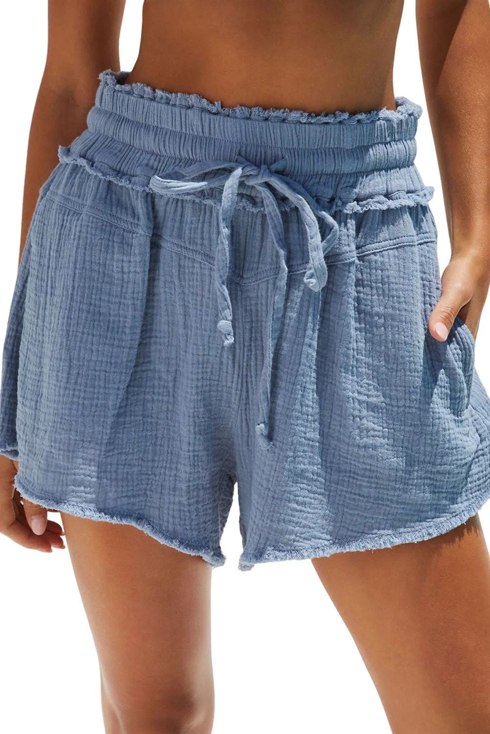 White Crinkled Raw Edge Casual Shorts