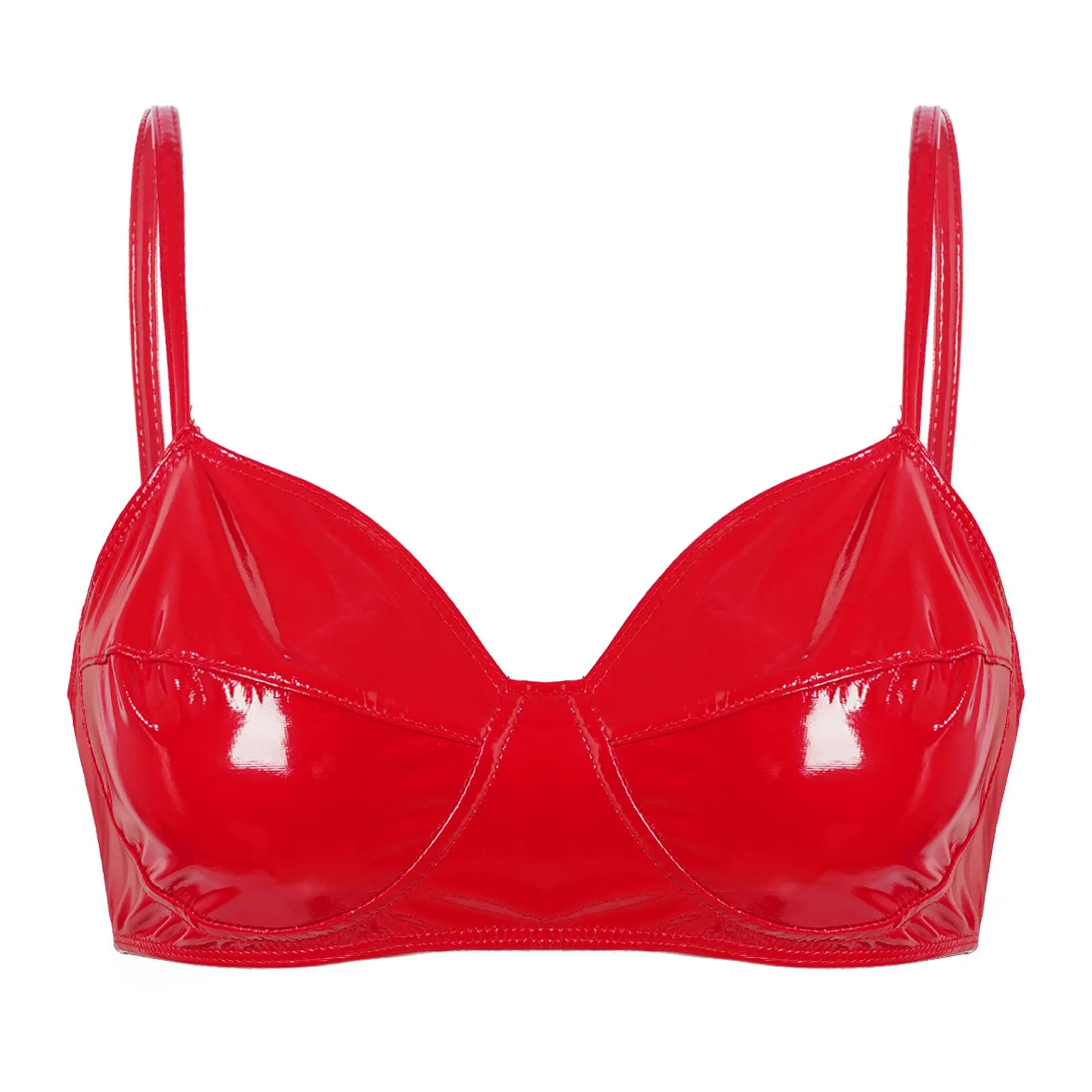 Women Wetlook Faux Leather Spaghetti Straps Wire-free No Pad Bra Top Raves Wear
