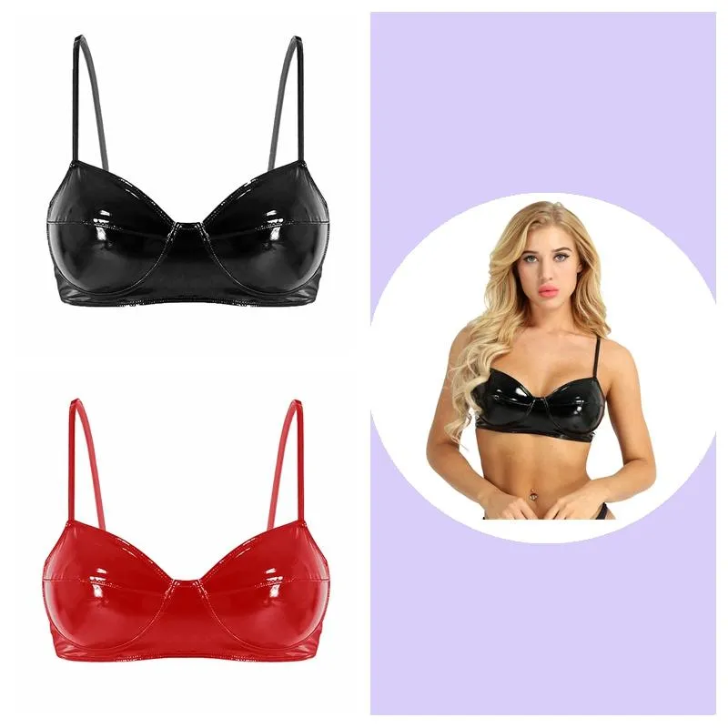 Women Wetlook Faux Leather Spaghetti Straps Wire-free No Pad Bra Top Raves Wear