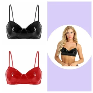 Women Wetlook Faux Leather Spaghetti Straps Wire-free No Pad Bra Top Raves Wear