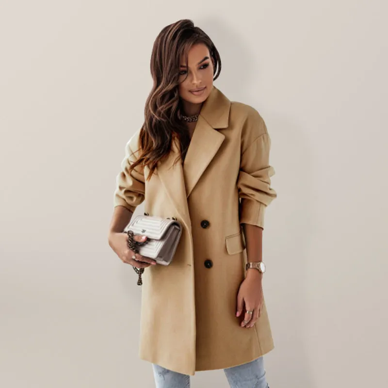 Women's Double Breasted Woolen Blend Mid Length Coat