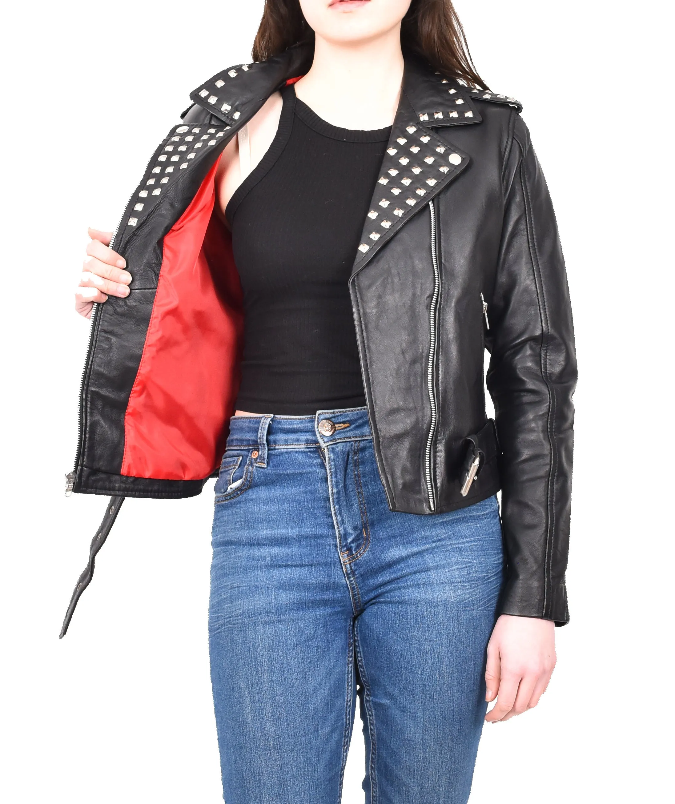 Women's Studded Biker Style Real Leather Jacket Black Celestial