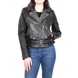 Women's Studded Biker Style Real Leather Jacket Black Celestial