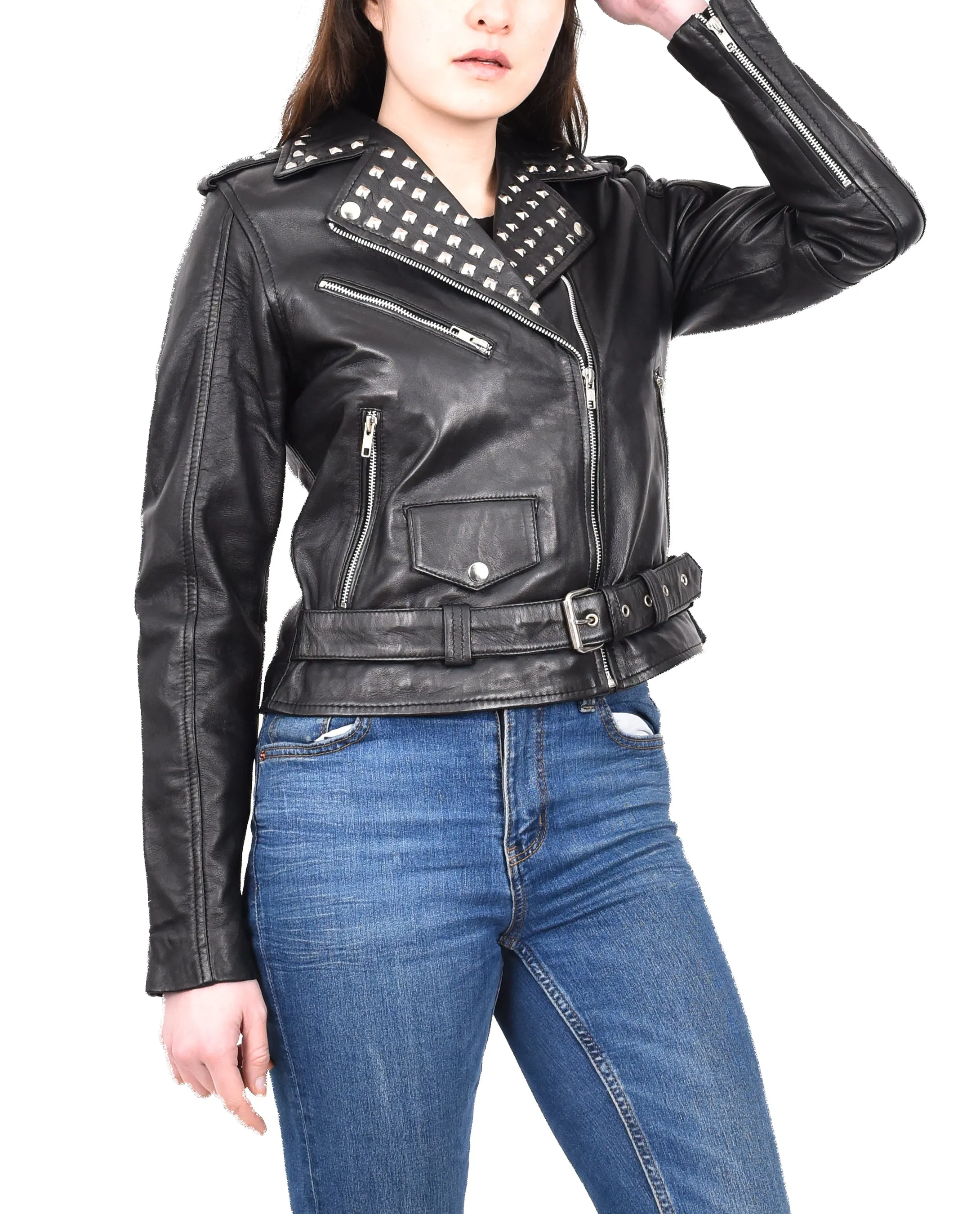 Women's Studded Biker Style Real Leather Jacket Black Celestial