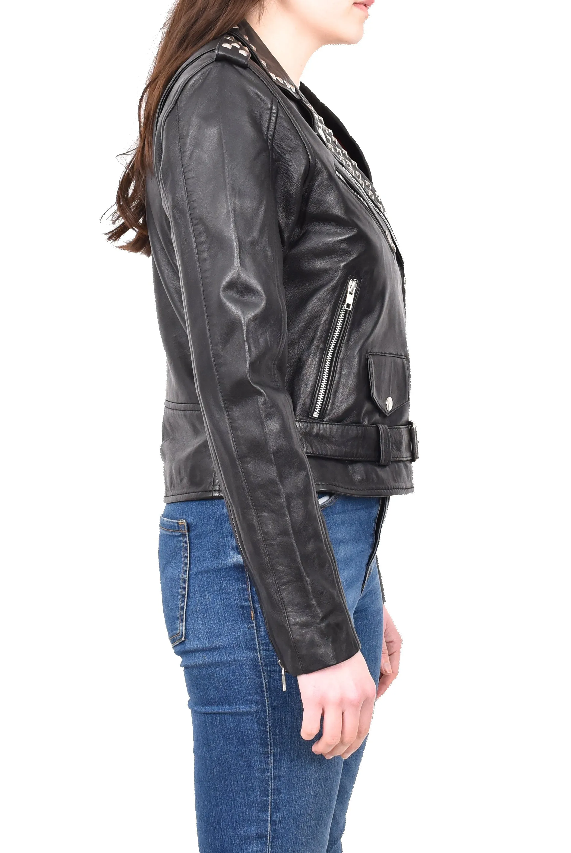 Women's Studded Biker Style Real Leather Jacket Black Celestial