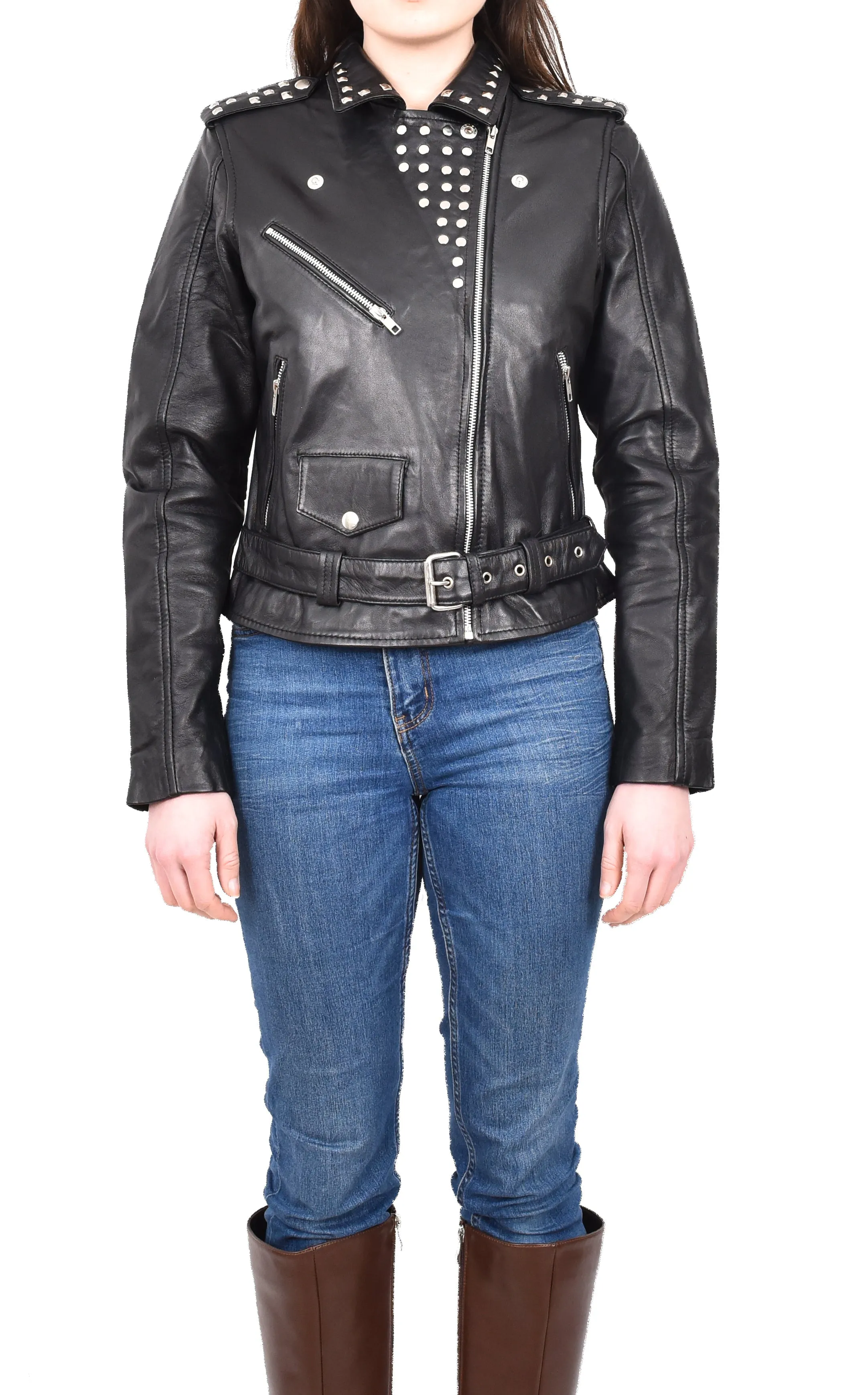 Women's Studded Biker Style Real Leather Jacket Black Celestial