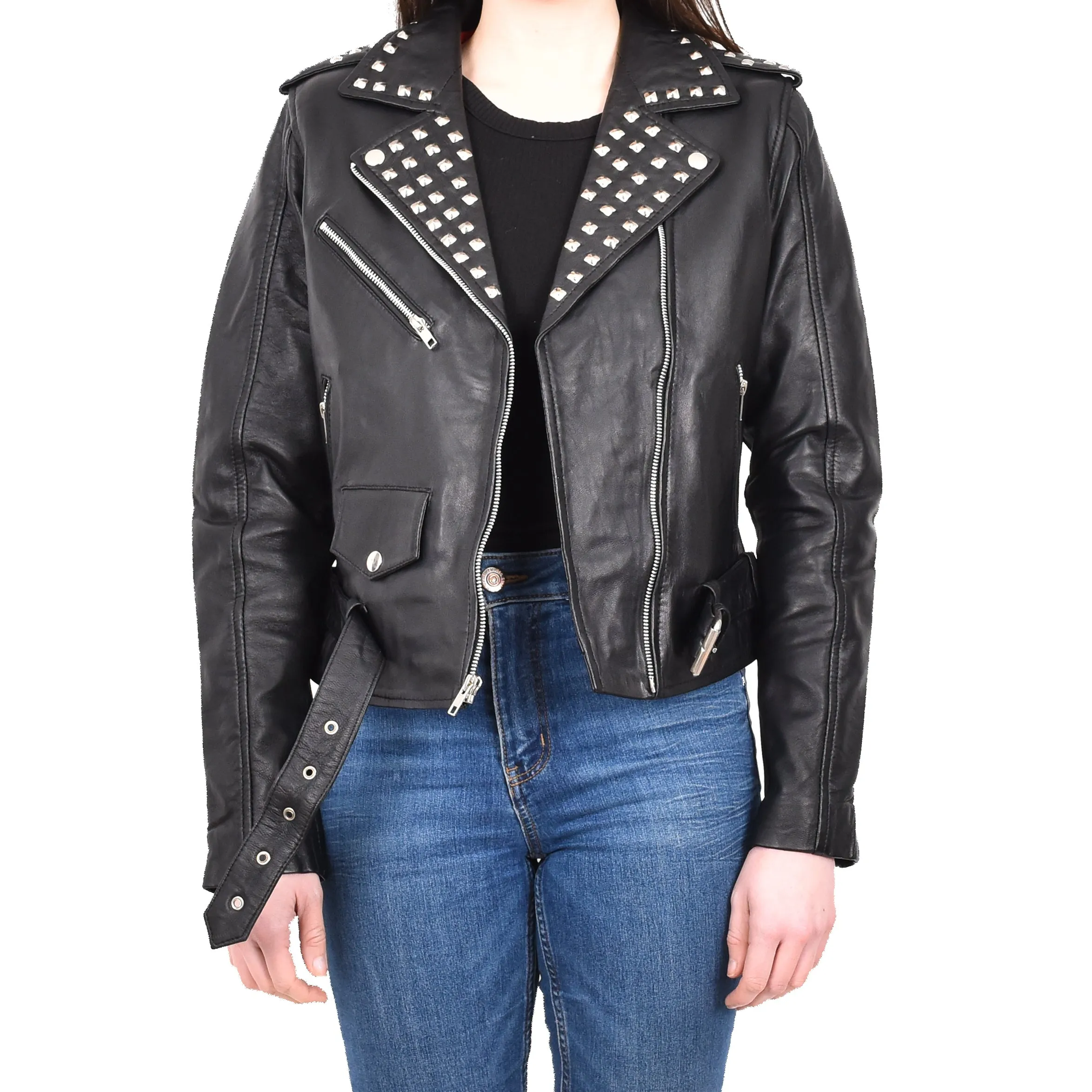 Women's Studded Biker Style Real Leather Jacket Black Celestial