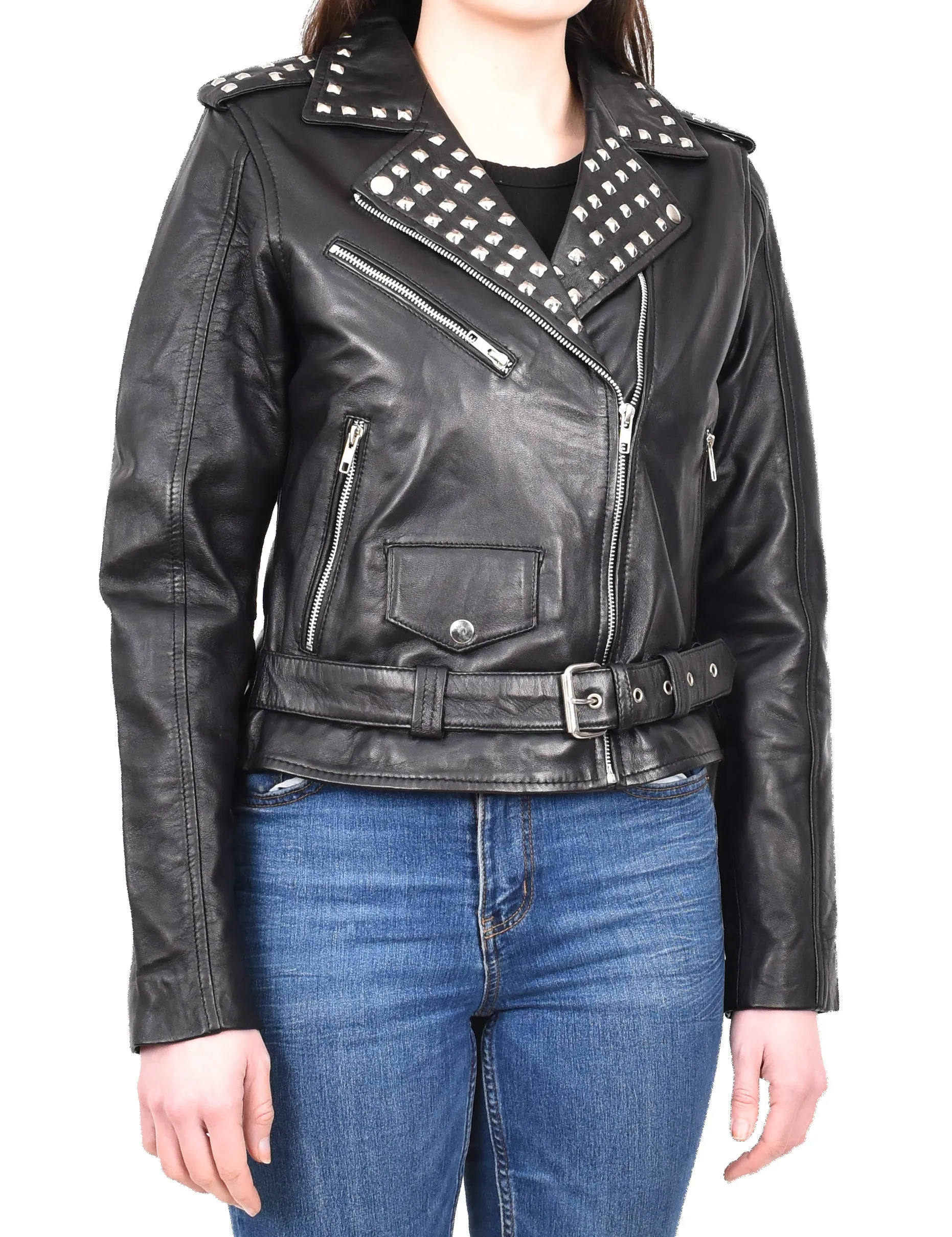 Women's Studded Biker Style Real Leather Jacket Black Celestial